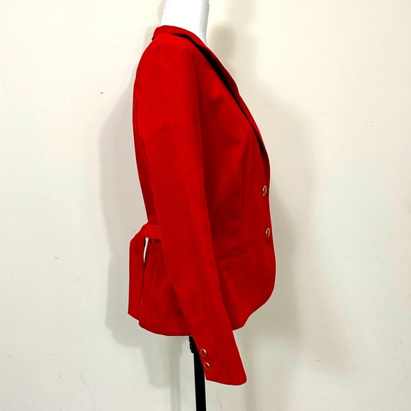 NEW VINTAGE Cherry Red Faux Suede Coat Straight Skirt Zipper 2 pc Jacket Suit 12 - Picture 7 of 14